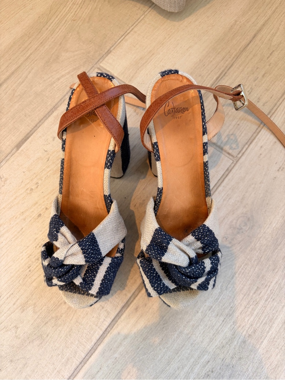 Castaner Navy & Natural Striped Knot Espadrille Wedges